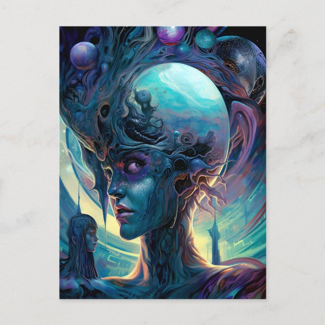 Postal Extraña arte de una mujer extranjera surrealista (Anverso)