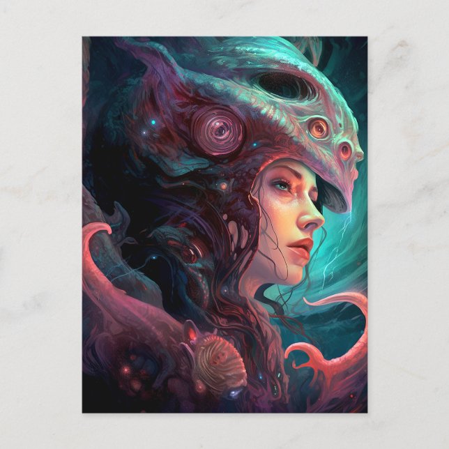 Postal Extraña arte de una mujer extranjera surrealista (Anverso)