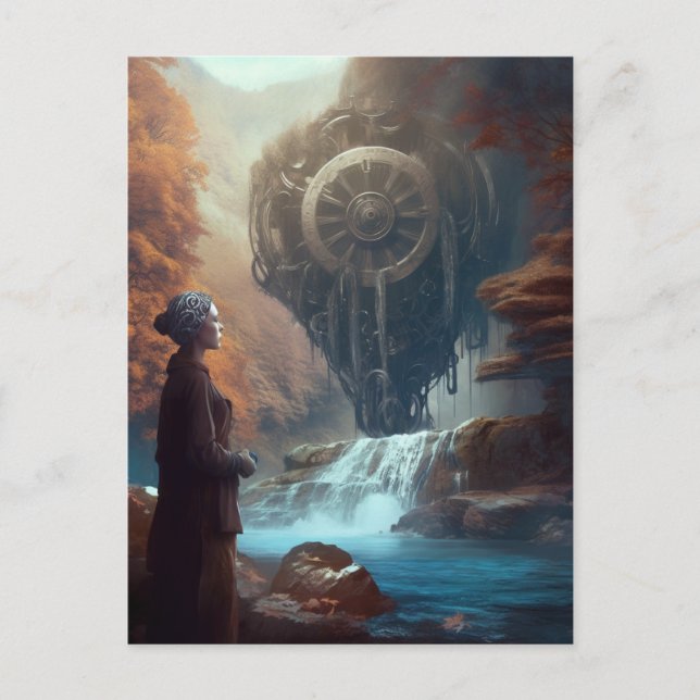 Postal Extraña vista de la cascada de Steampunk en la nat (Anverso)