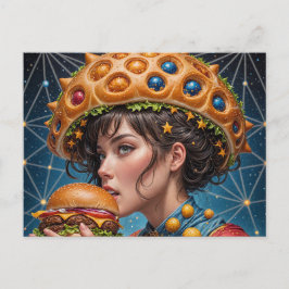 Postal Extrañas mujeres surrealistas con hamburguesa de q