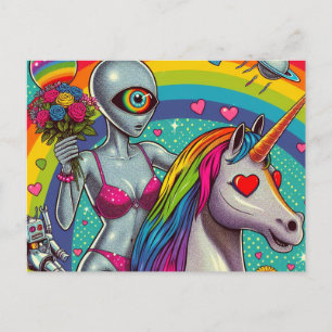 Postal Extranjero en bikini en una unicornio