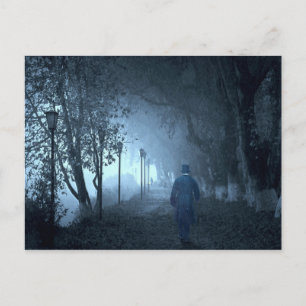 Postal Extraño en el parque en niebla nocturna