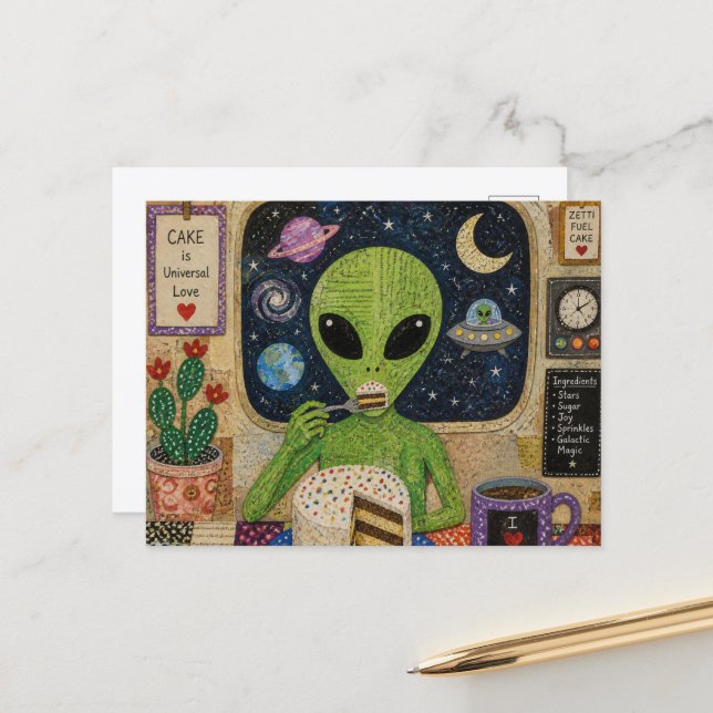 Postal Extraterrestre comiendo pastel (Anverso/Reverso In Situ)