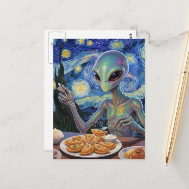 Postal Extraterrestre comiendo perogies (Anverso/Reverso In Situ)