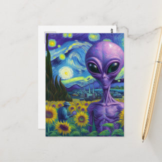 Postal Extraterrestre púrpura en un campo de girasoles de