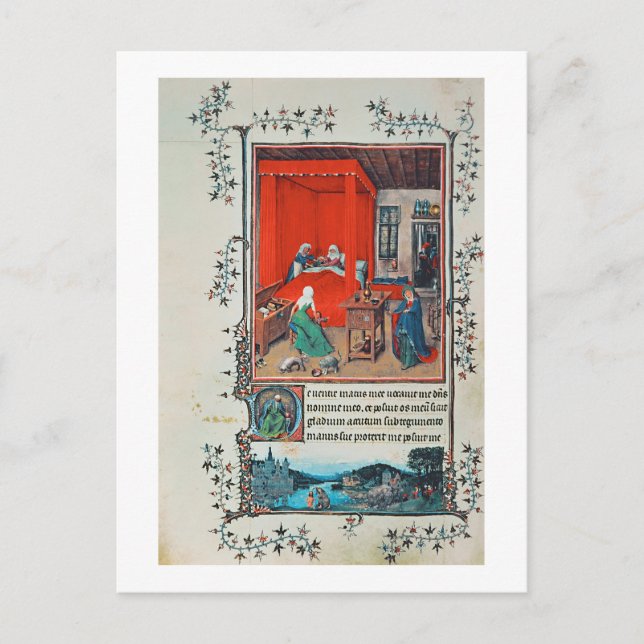 Postal f.93v El nacimiento de Juan Bautista y los bautis (Anverso)