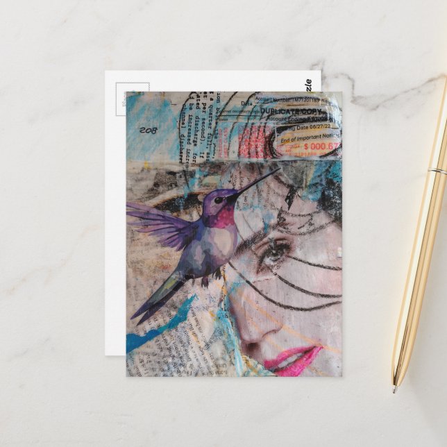 Postal Face and Hummingbird Abstract Mixed Media Collage (Anverso/Reverso In Situ)