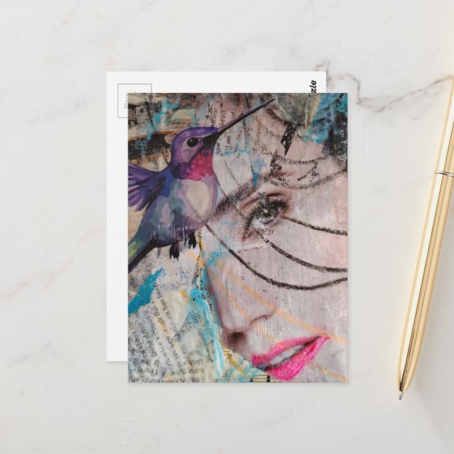 Postal Face Random Words Hummingbird Mixed Media Collage (Anverso/Reverso In Situ)