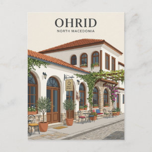 Postal fachada de café Ohrid Macedonia del Norte