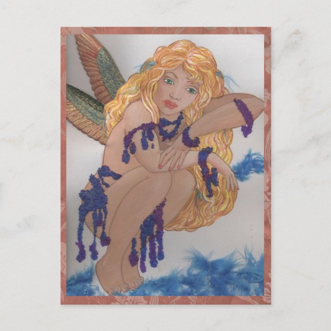Postal faerie de plumas con cuentas (Anverso)