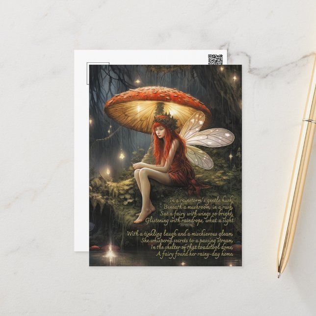 Postal Faerie Debajo Del Sambre En La Lluvia (Fantasy postcard with a cute poem about a faerie waiting out the rain under a mushroom.)