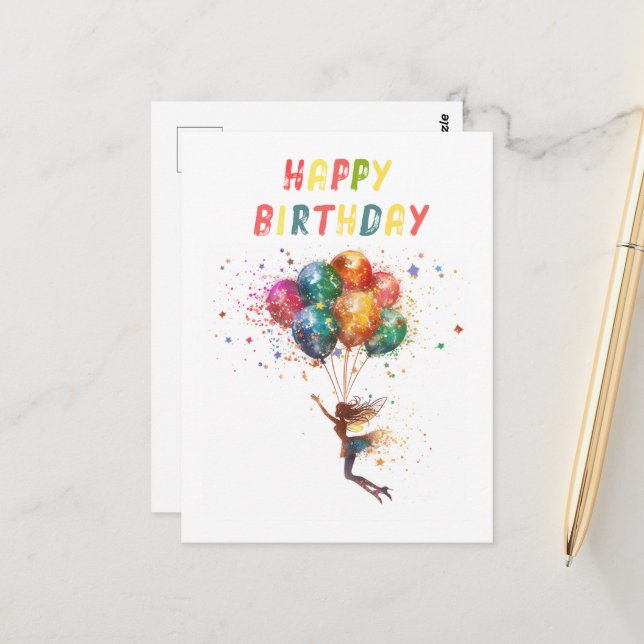 Postal Fairy and Balloons Colorful Birday (Anverso/Reverso In Situ)