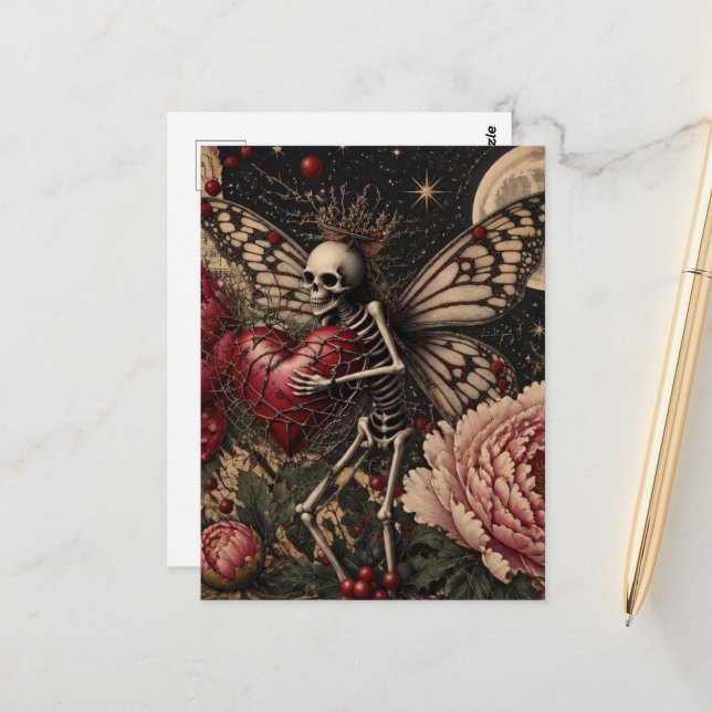 Postal Fairy Skeleton y Flores de Peonía Fantasía Oscura  (Anverso/Reverso In Situ)