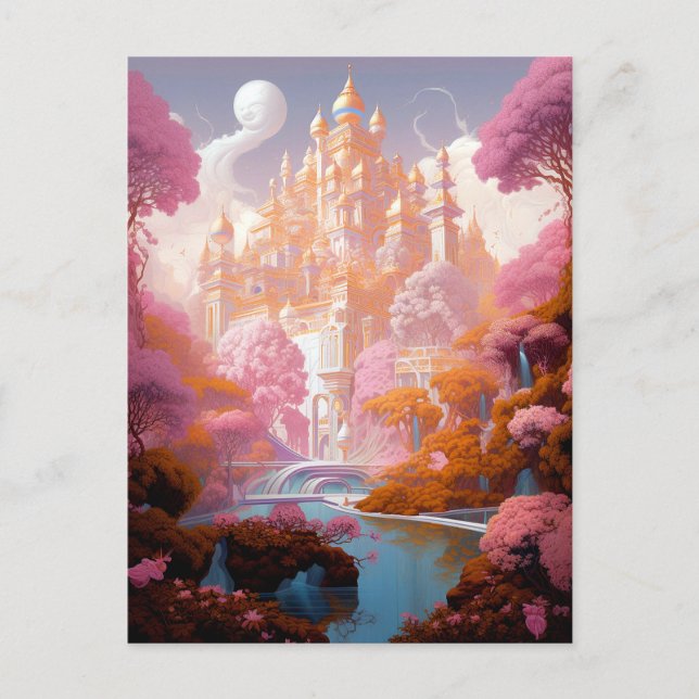 Postal Fairy Tale Castle Pink White Gold Fantasma Art (Anverso)