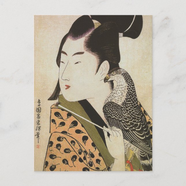 Postal Falconer japonés en arte de kimono (Anverso)