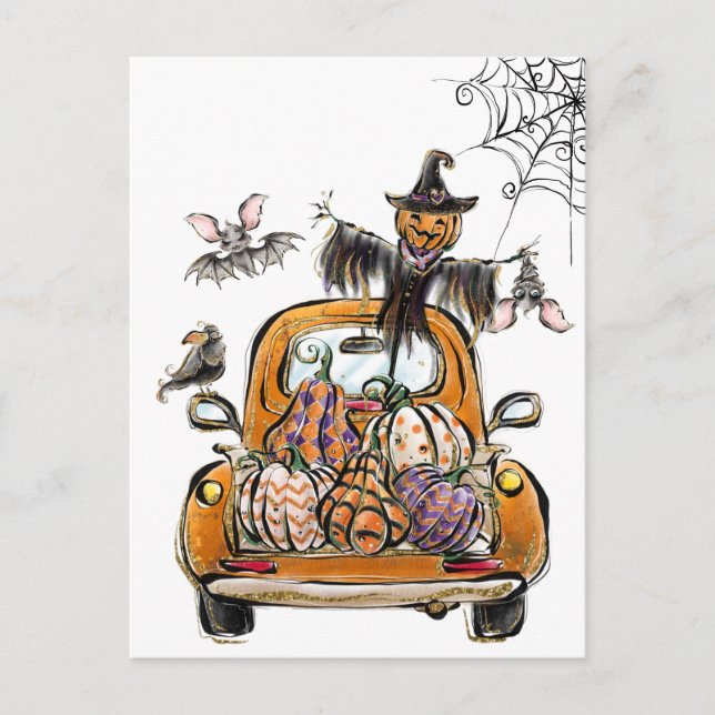Postal Fall Pumpkin Patch Truck with bats scarecrow bird  (Anverso)