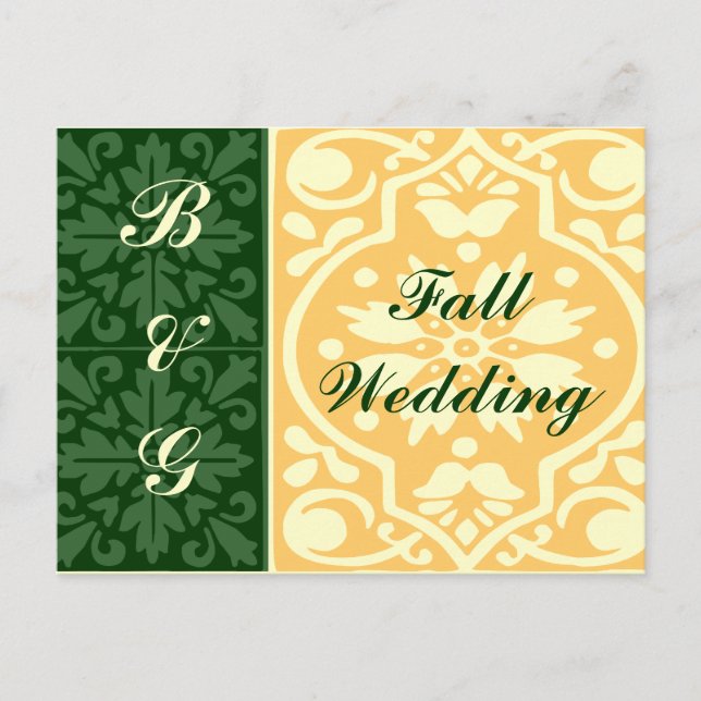 Postal Fall Wedding Green Tan Monograma Personalizado pos (Anverso)