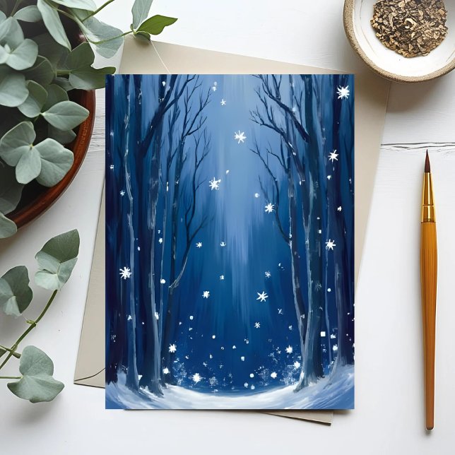 Postal Falling Snow Blue Winter Forest Watercolor Painted (Subido por el creador)