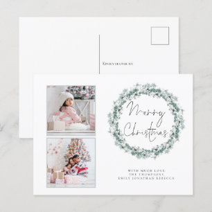 Postal Familia 2 Foto Verde azulada Wreath Merry Christma
