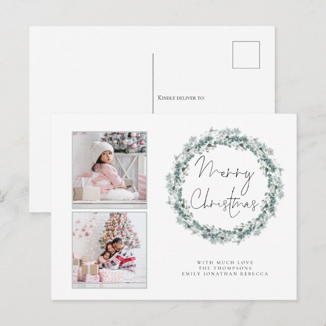 Postal Familia 2 Foto Verde azulada Wreath Merry Christma (Anverso / Reverso)