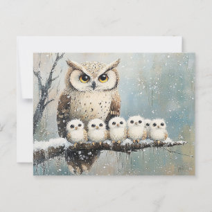 Postal Familia búho en una rama nevada