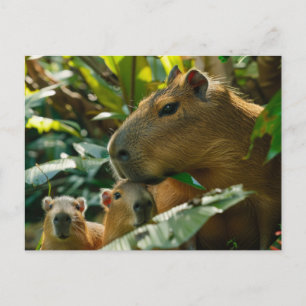 Postal Familia Capybara en el hábitat tropical