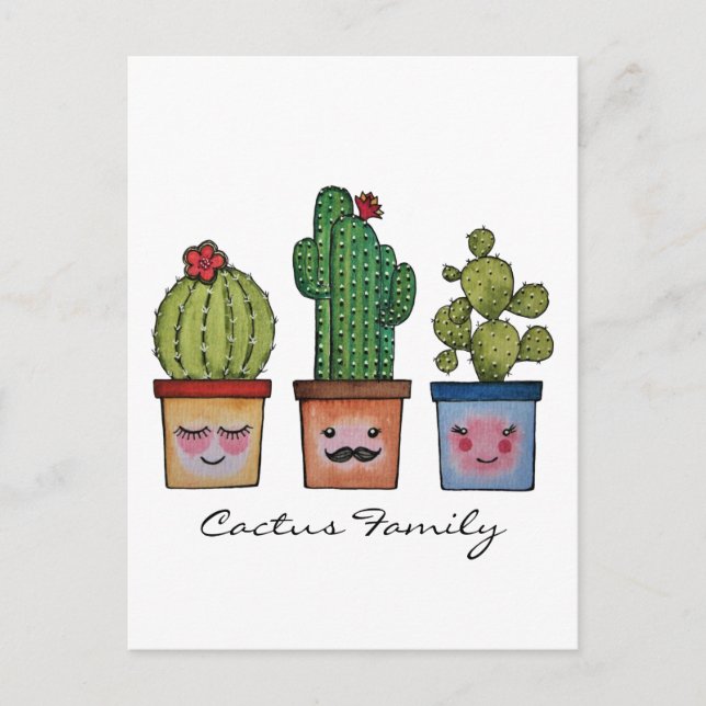 Postal Familia Cute Cactus En Acuarela (Anverso)