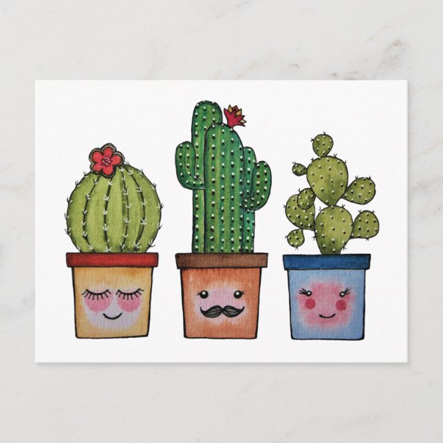 Postal Familia Cute Cactus En Acuarela (Anverso)