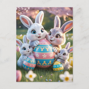 Postal Familia de conejos alegres en 3D con un huevo de P