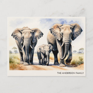 Postal Familia de elefantes con acuarela y nombre persona