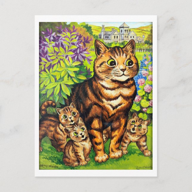 Postal Familia de gatos en un jardín, Louis Wain (Anverso)