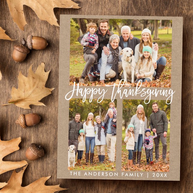 Postal Familia de guiones de pincel 3 Photo Kraft Thanken (Customize to change your personalized text size or text style.)