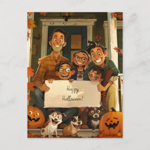 Postal Familia de Halloween deseando felicidad