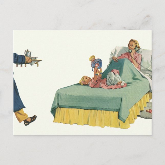 Postal Familia de la época sirviendo el desayuno de mamá  (Anverso)