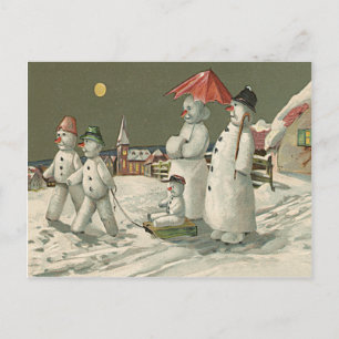 Postal Familia de muñeco de nieve jugando en la iglesia d