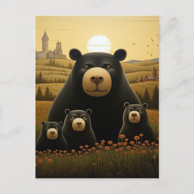 Postal Familia de oso de perro en un reino floral (Anverso)