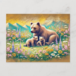 Postal Familia de oso en el prado de montaña Pastel de Dr
