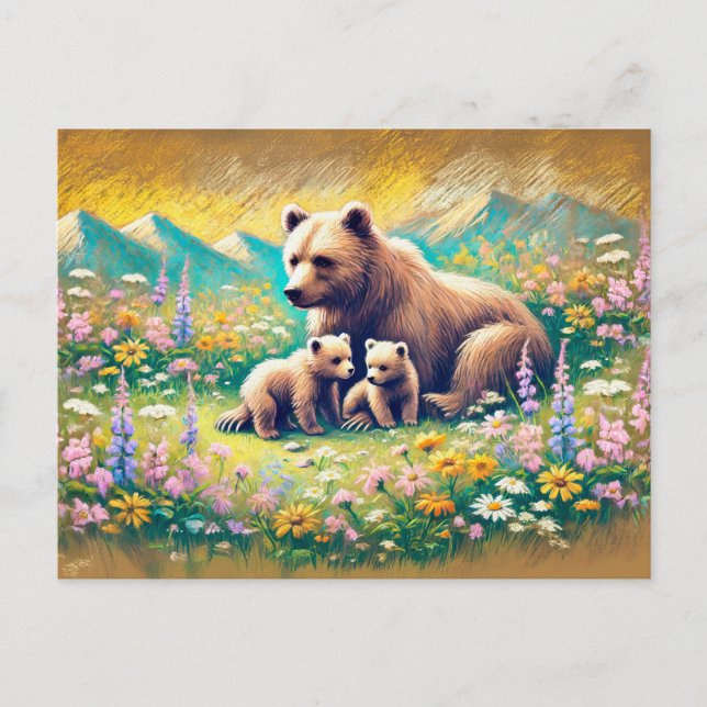 Postal Familia de oso en el prado de montaña Pastel de Dr (Anverso)