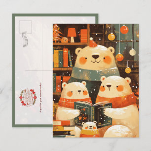 Postal Familia de osos polares leyendo juntos en Navidad
