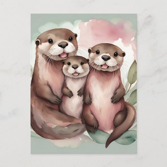 Postal Familia de Otter Adorable WaterColor (Anverso)