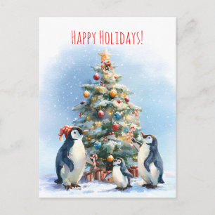 Postal Familia de pingüinos decorando alegremente un árbo
