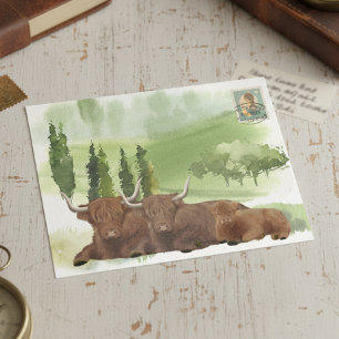 Postal Familia de Vaca Highland Watercolor Escocia