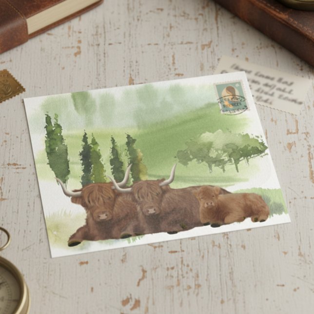 Postal Familia de Vaca Highland Watercolor Escocia (Subido por el creador)