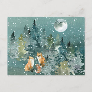 Postal Familia de zorros en bosque bajo la nieve de luna