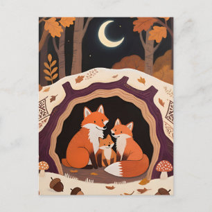 Postal Familia de zorros en una guarida de otoño