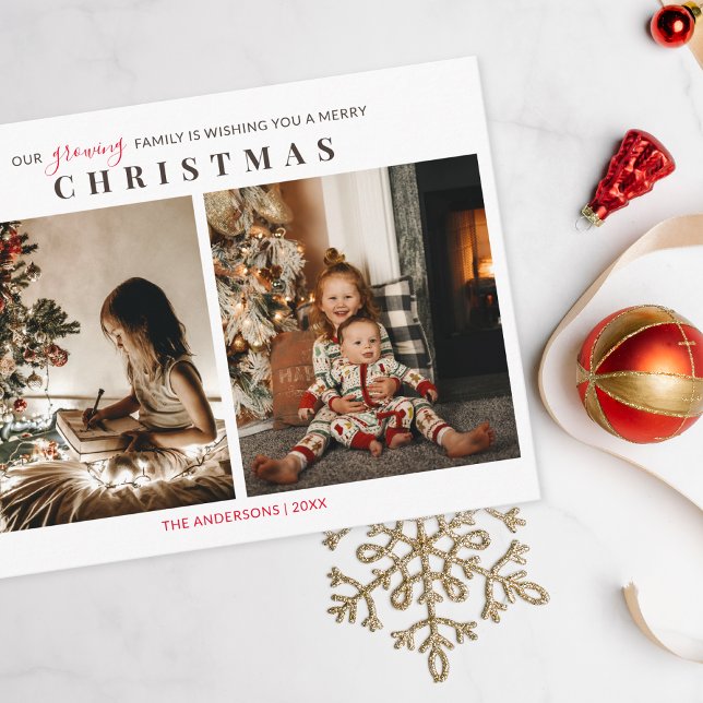 Postal Familia en crecimiento 2 niños foto Feliz Navidad (Christmas greeting card with 2 photos of kids from a growing family )
