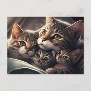 Postal Familia Felina Acogedora - Gata madre y gatitos