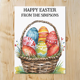 Postal Familia feliz de cesta de huevos con color de agua
