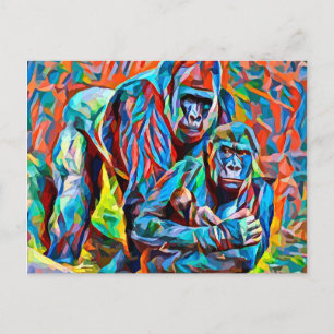 Postal Familia Gorilla Ape Resumen Animales Arte de vida 