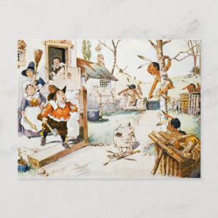 Postal Familia holandesa e indios nativos estadounidenses